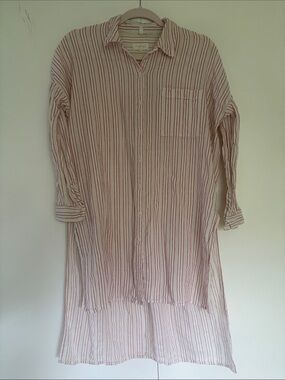 Lou & Grey Cream Cotton Button-Down Longline Shirt with Red Stripes S
